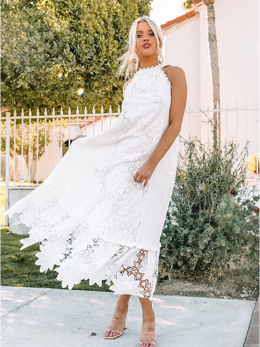 NWT Petal & Pup White L Floral Lace Halter Maxi Dress